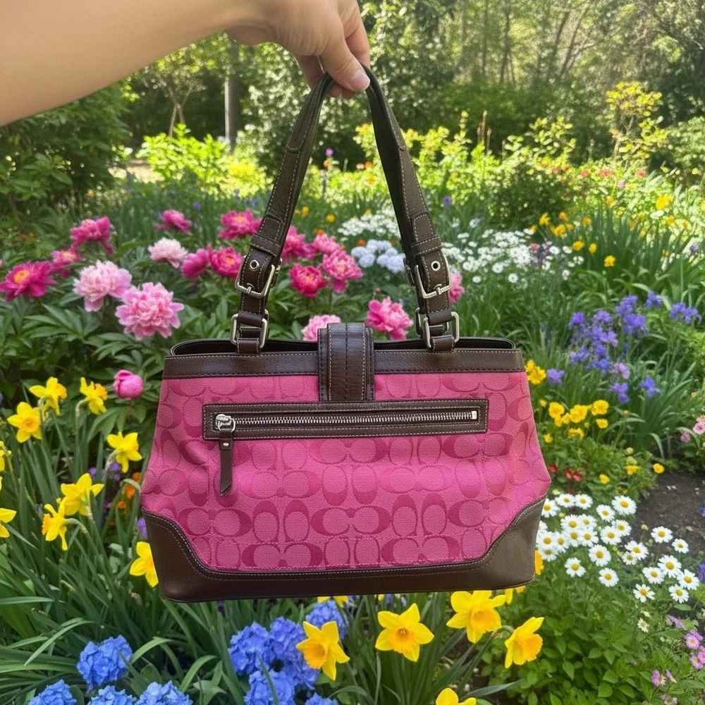 Coach Soho Tote Bag Womens Pink Brown Canvas Leather Signature C Vintage 13820 - Picture 2 of 7